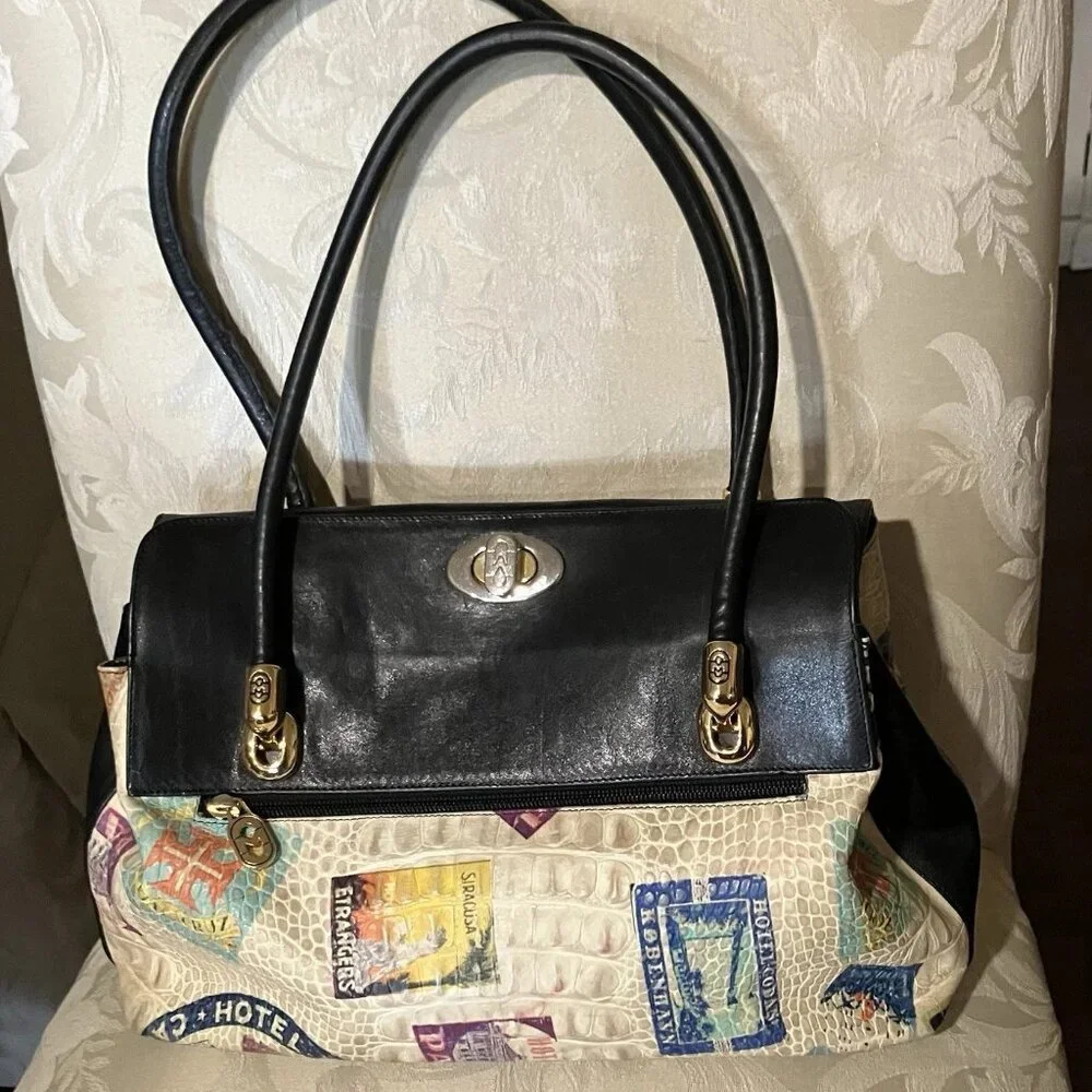 Marino Orlandi Cream and Black Travel-Stamp Satchel